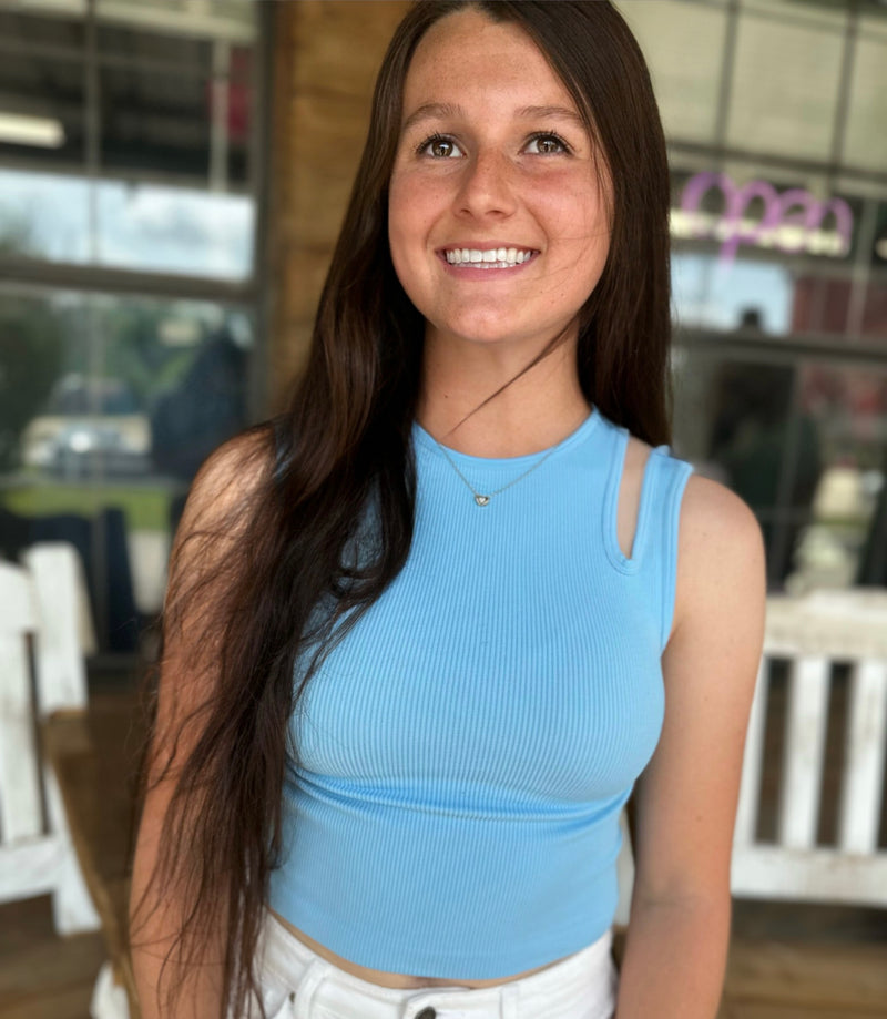 Sky Blue Fitted Crop Top with Split Shoulder Sleeves