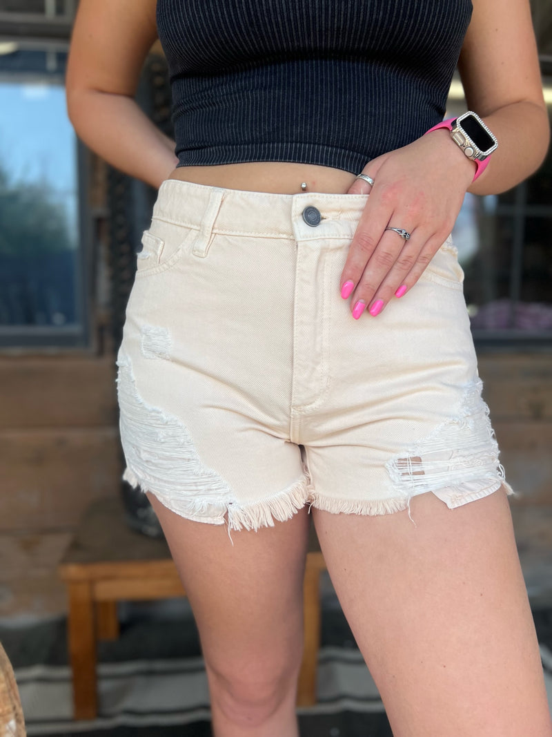 KanCan Peachy Pink Frayed Shorts