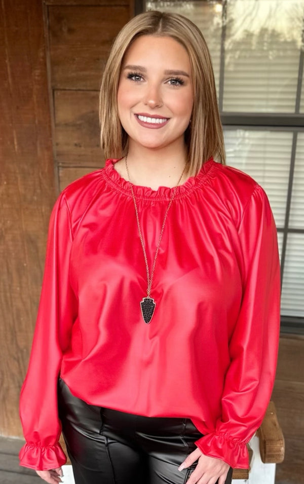 Fire Engine Red Pleather Dress Shirt- Plus Size