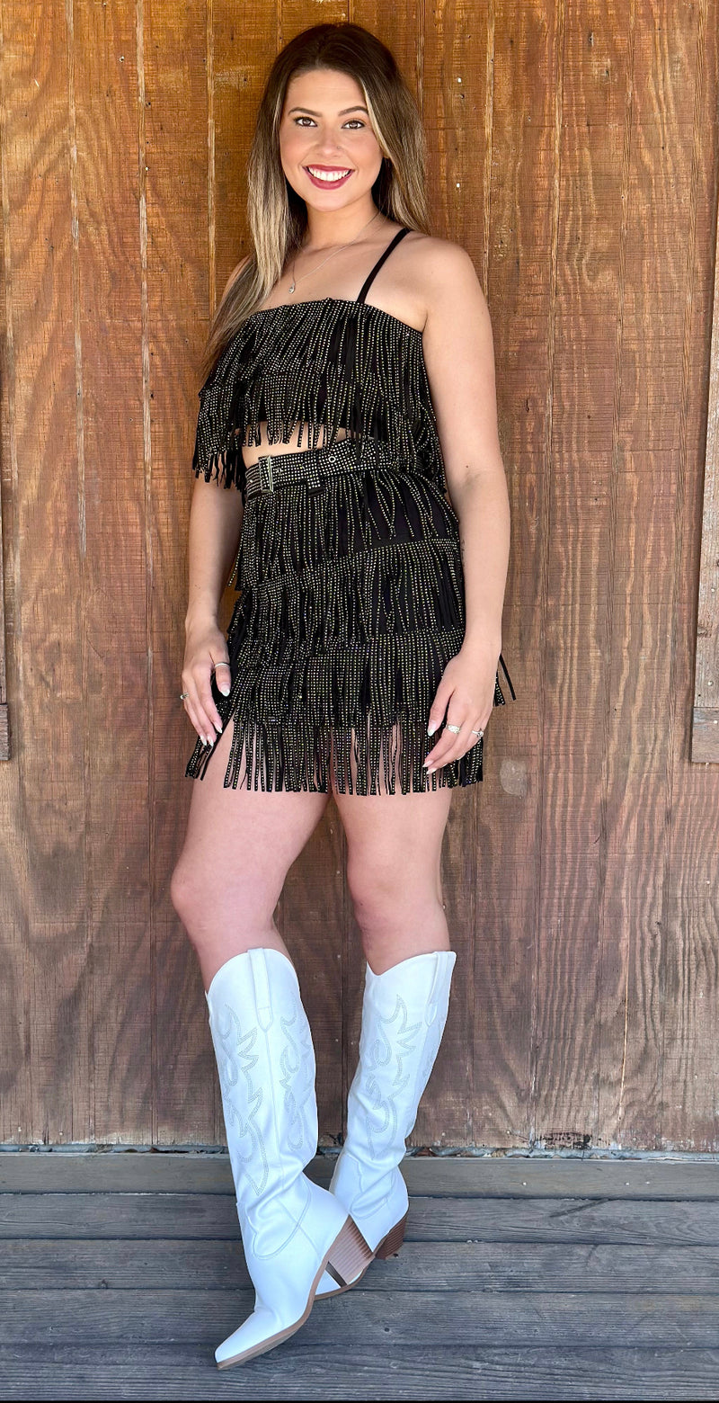 Rhinestone Black Fringe Belted Skirt