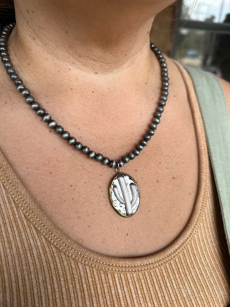 Silver Beaded Cactus Pendant Necklace