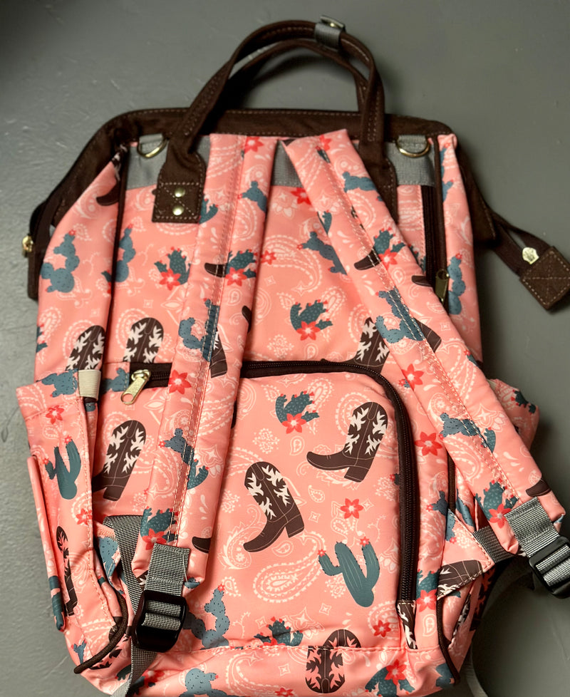 Light Coral Pink Cactus & Boots Diaper Bag/ Back Pack