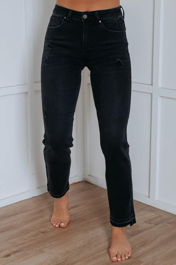 Black Faded Risen Straight Cropped Jeans