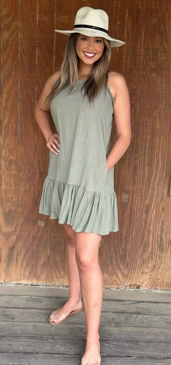 Olive Green Spaghetti String Summer Dress With Pockets