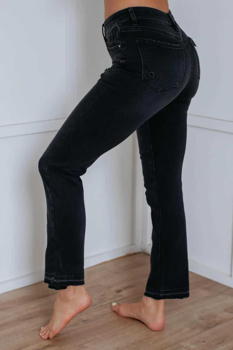 Black Faded Risen Straight Cropped Jeans