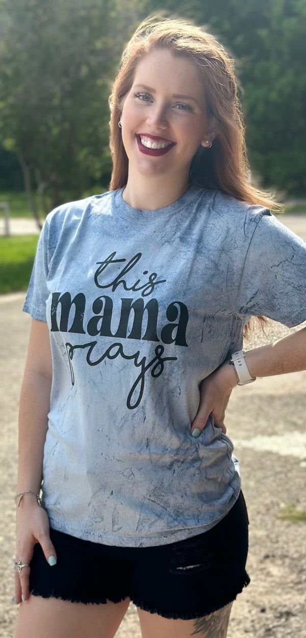 This Momma Prays Blue Bleached Comfort Colors T-Shirt
