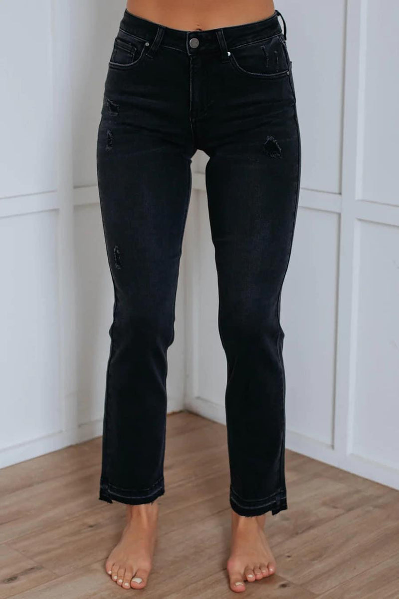 Black Faded Risen Straight Cropped Jeans