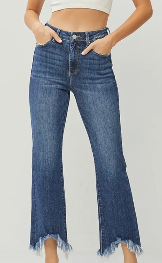 Risen High Rise Dark Wash Frayed Jeans