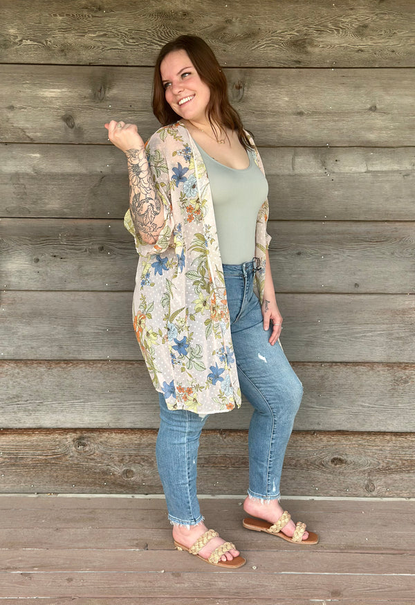 Beige With Floral Print Cardigan