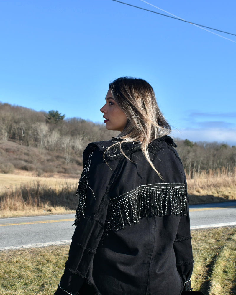 Black Denim Studded Fringe Jacket