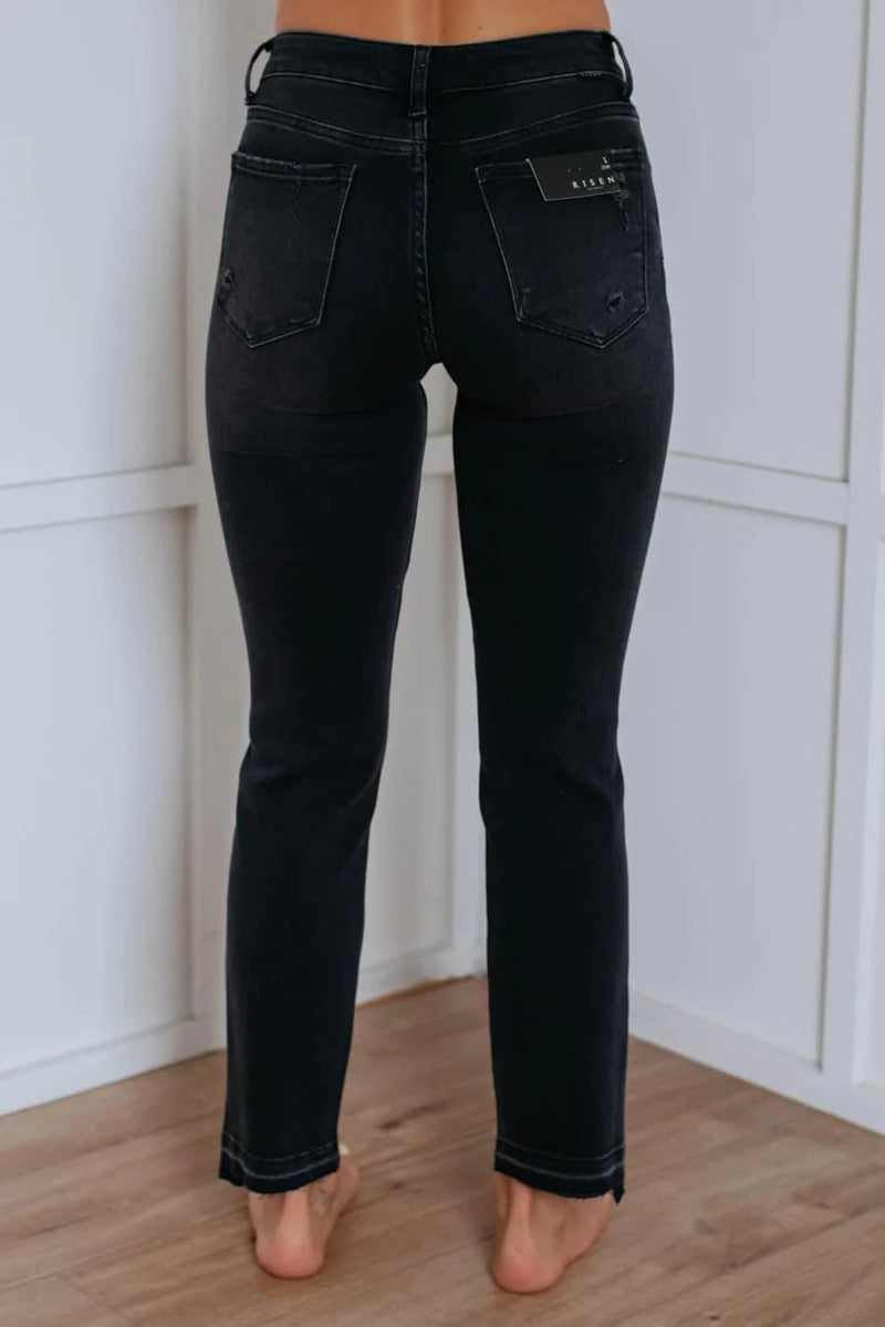 Black Faded Risen Straight Cropped Jeans