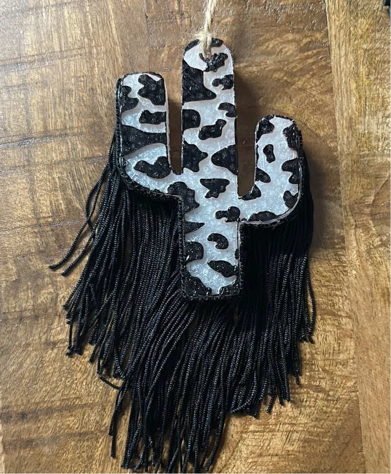 Cactus With Black Cow Print & Fringe Freshie