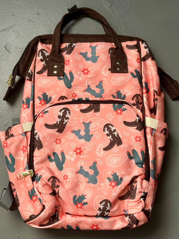 Light Coral Pink Cactus & Boots Diaper Bag/ Back Pack