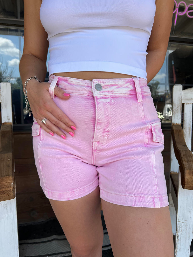 Risen Pink Acid Wash High Rise Shorts