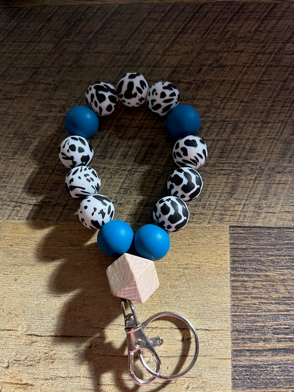 Blue and Cow Print Silicone Beaded Key-Chain
