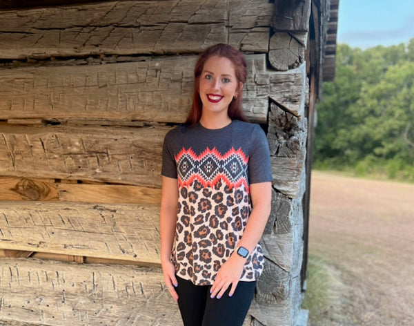 Leopard & Aztec printed short sleeve top