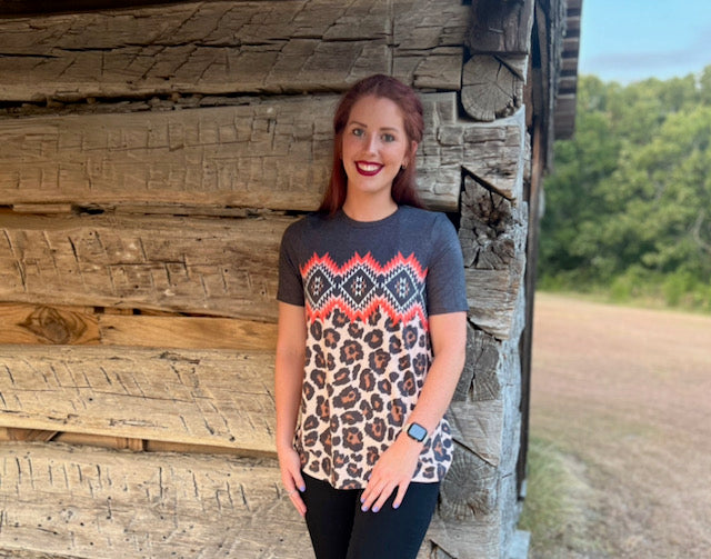 Leopard & Aztec printed short sleeve top