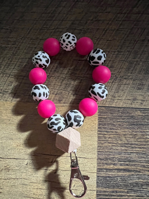 Hot Pink and Cow Print Silicone Key Chain