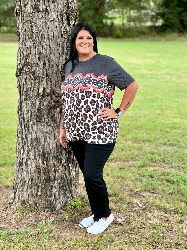 Leopard & Aztec Printed Short Sleeve Top