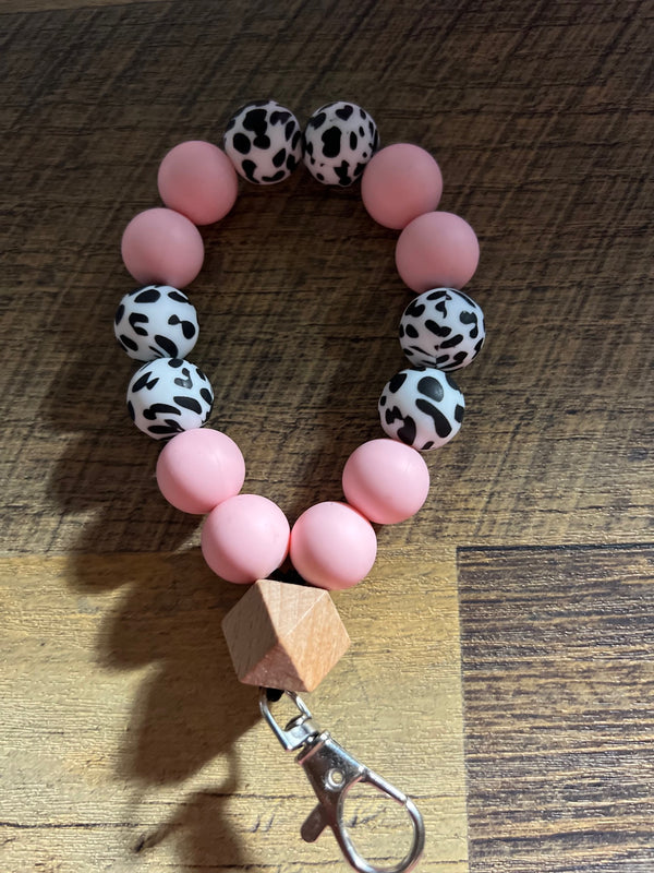 Light Pink and Cow Print Silicone Beaded Key Chain