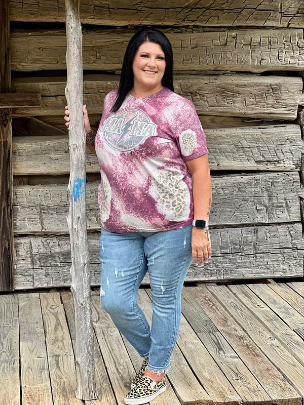 Bleached Plum Colored with Cheetah Print Mama T-Shirt- Size XL