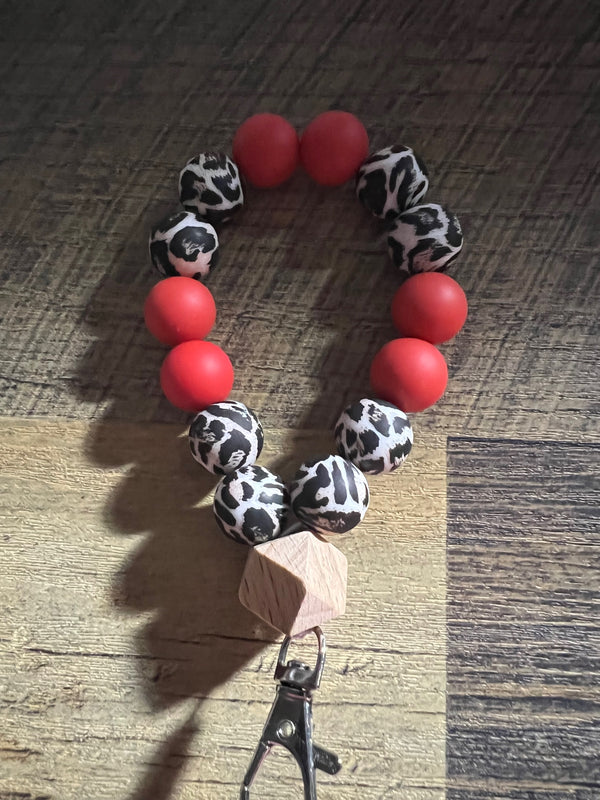 Red and Cheetah Print Silicone Beaded Key Chain