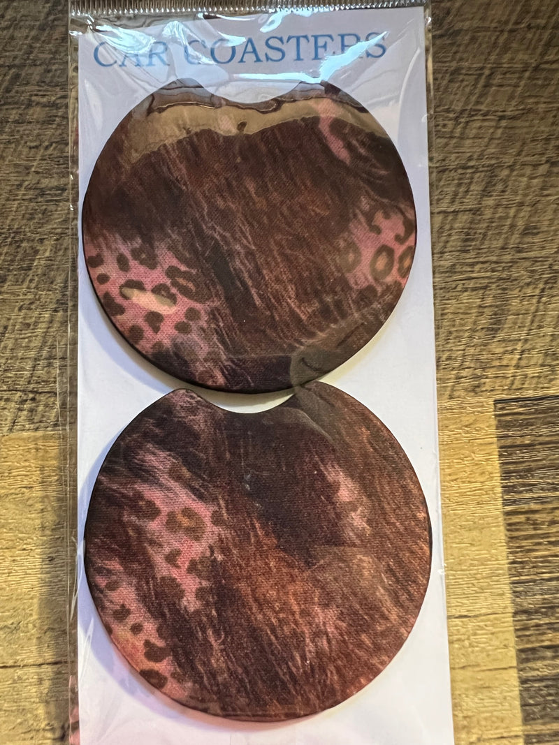 Rustic Cheetah Print With Pink Car Coaster