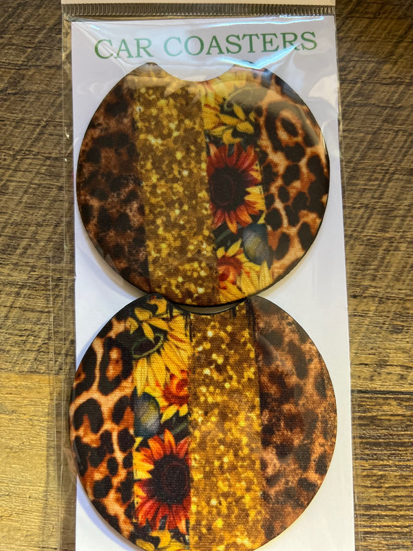 Western Striped Sunflower Golden Leopard Car Coaster