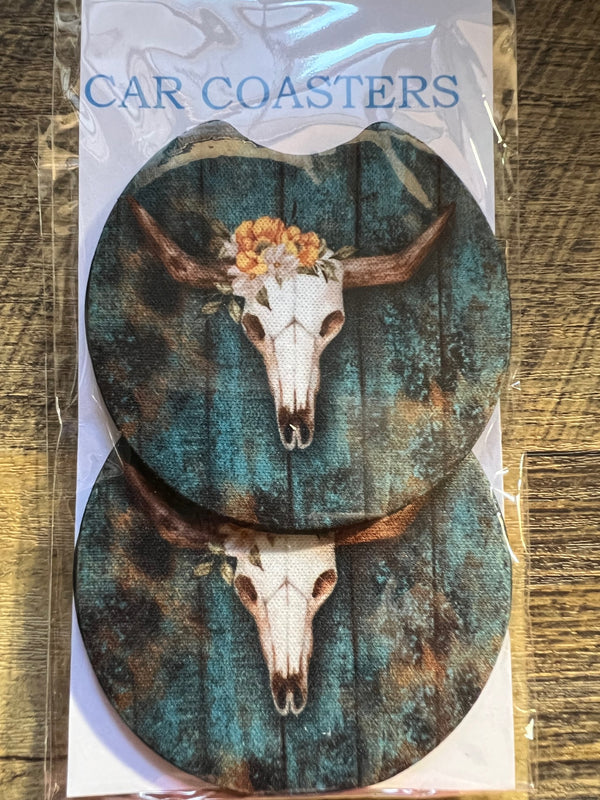 Turquoise Cow Skull Car Coaster