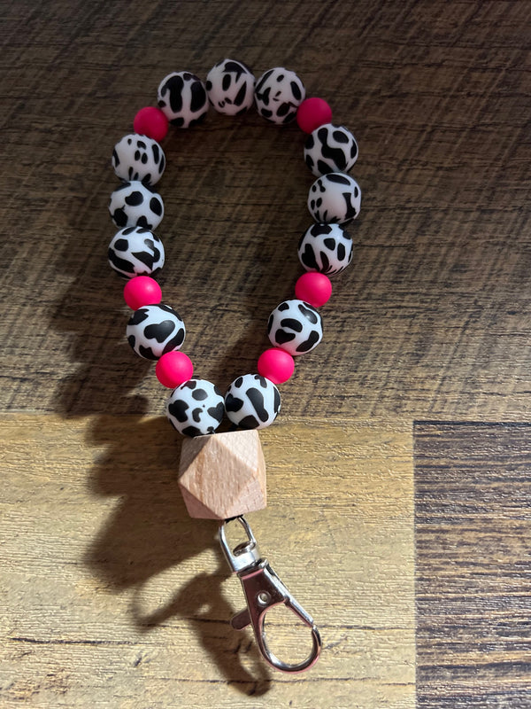 Hot Pink and Cow Print Silicone 12mm Beaded Key Chain