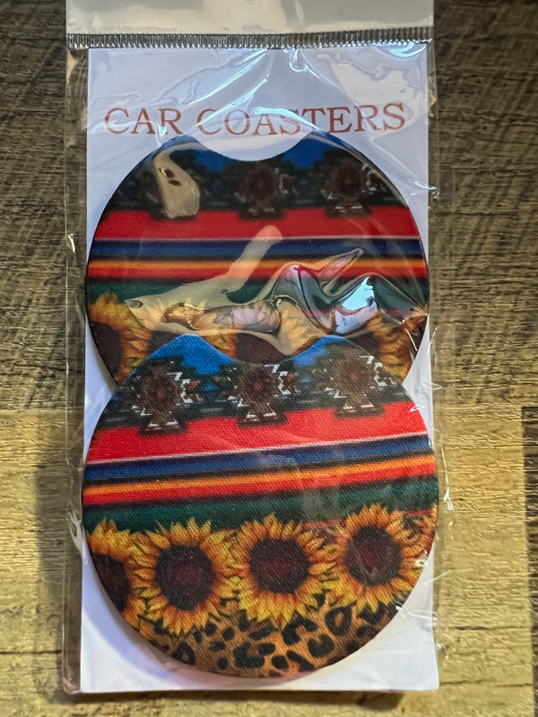 Southwestern Sunflower Cheetah Print Car Coaster