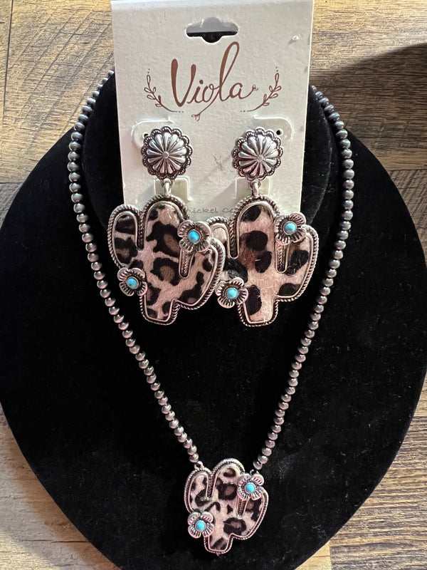 Viola Lead/Nickel Leopard Print Necklace and Matching Earrings