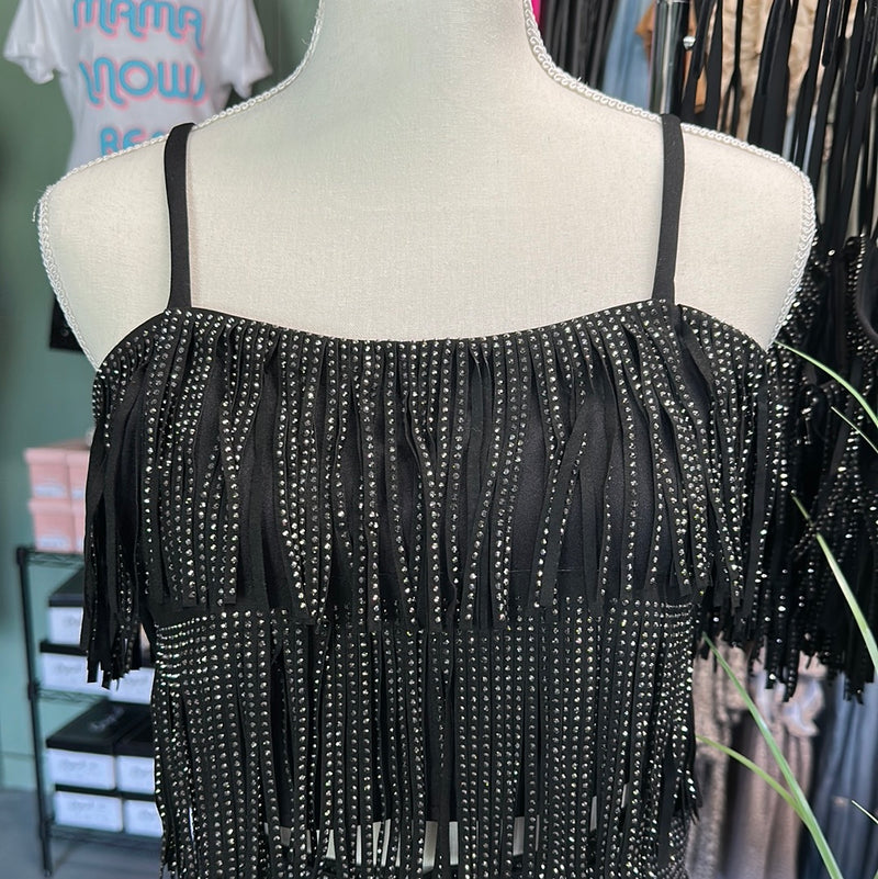 Rhinestone Fringe Black Crop Top